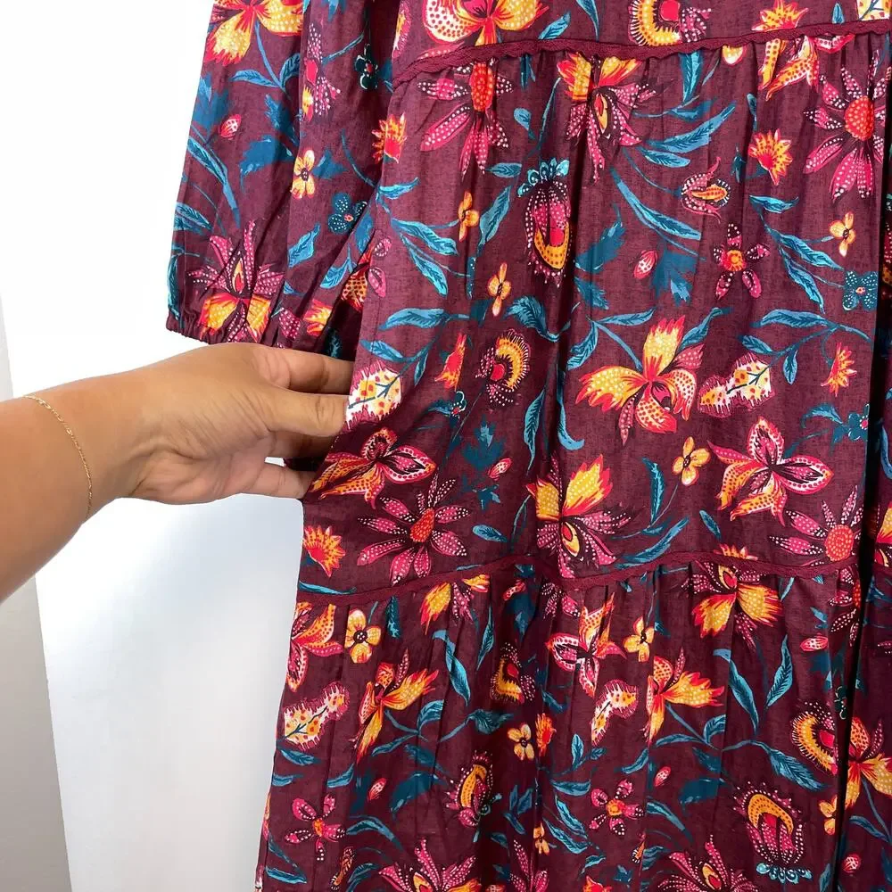 Sundance PM Petite M Cotton Floral Shift Maroon Red Dress A-Line 3/4 Sleeve - Picture 6 of 11